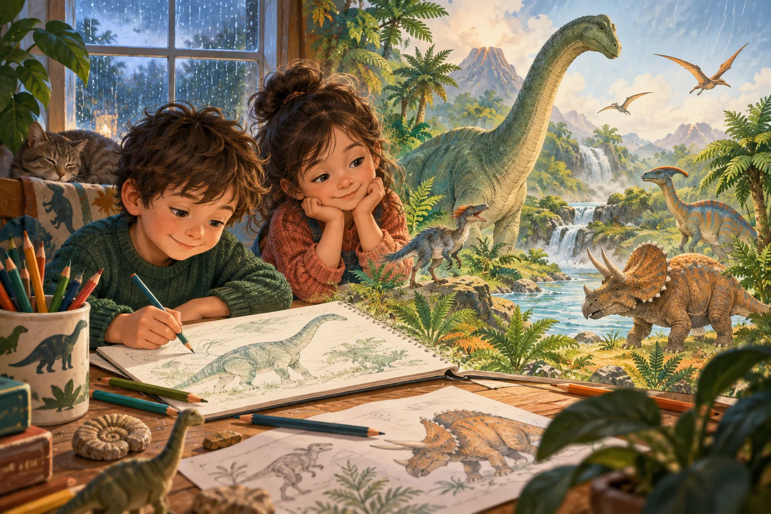 Cheerful dinosaur in a colourful prehistoric landscape