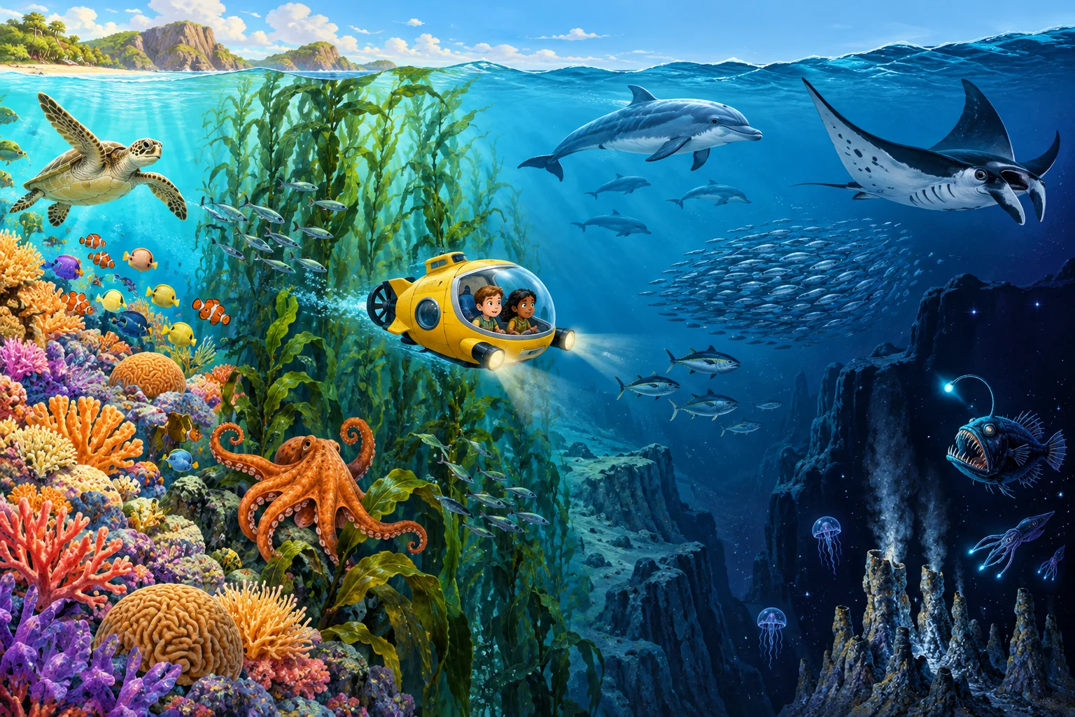 Submarine exploring a colourful ocean habitat