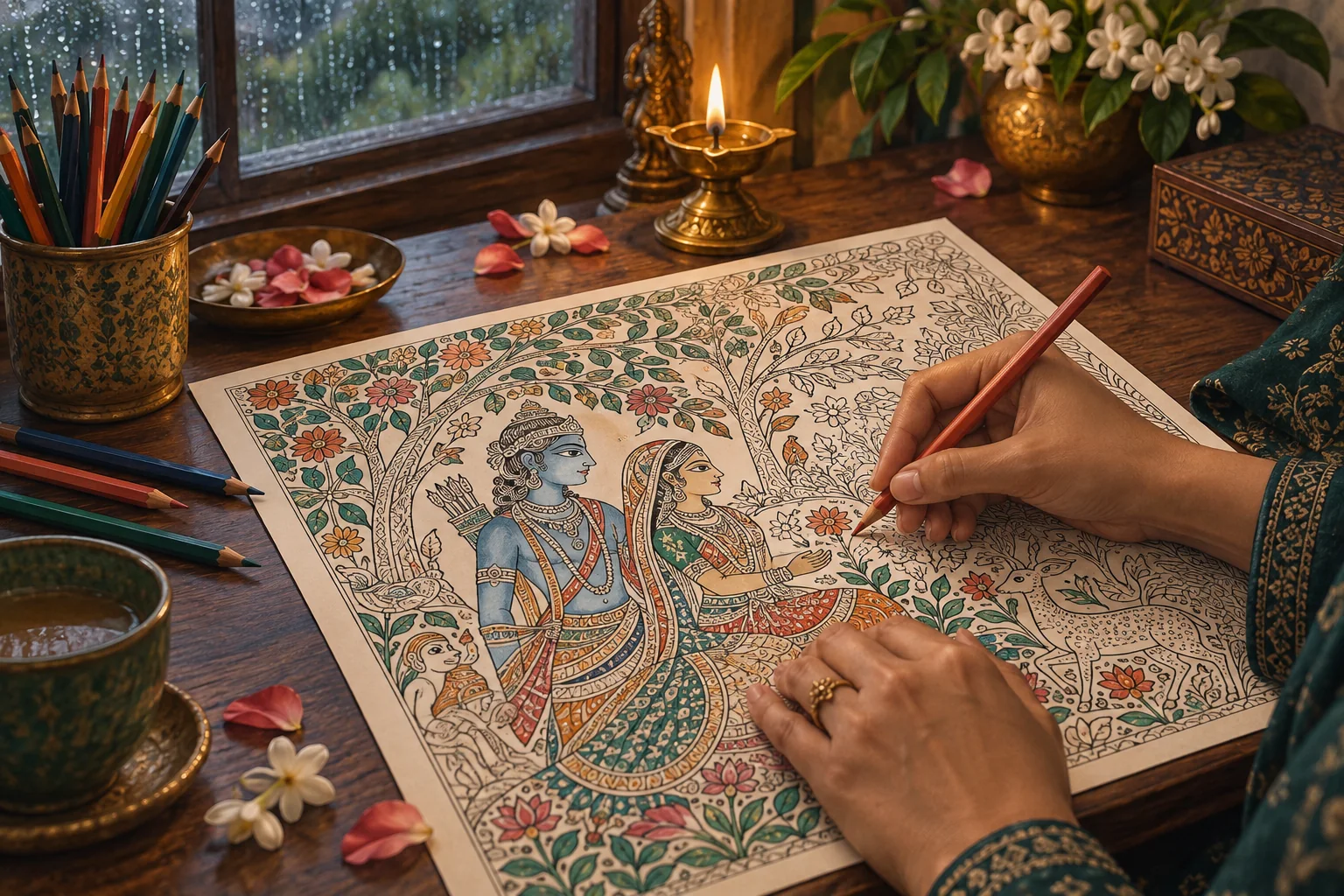 Ramayana characters in a detailed Madhubani-inspired scene for adult colourists