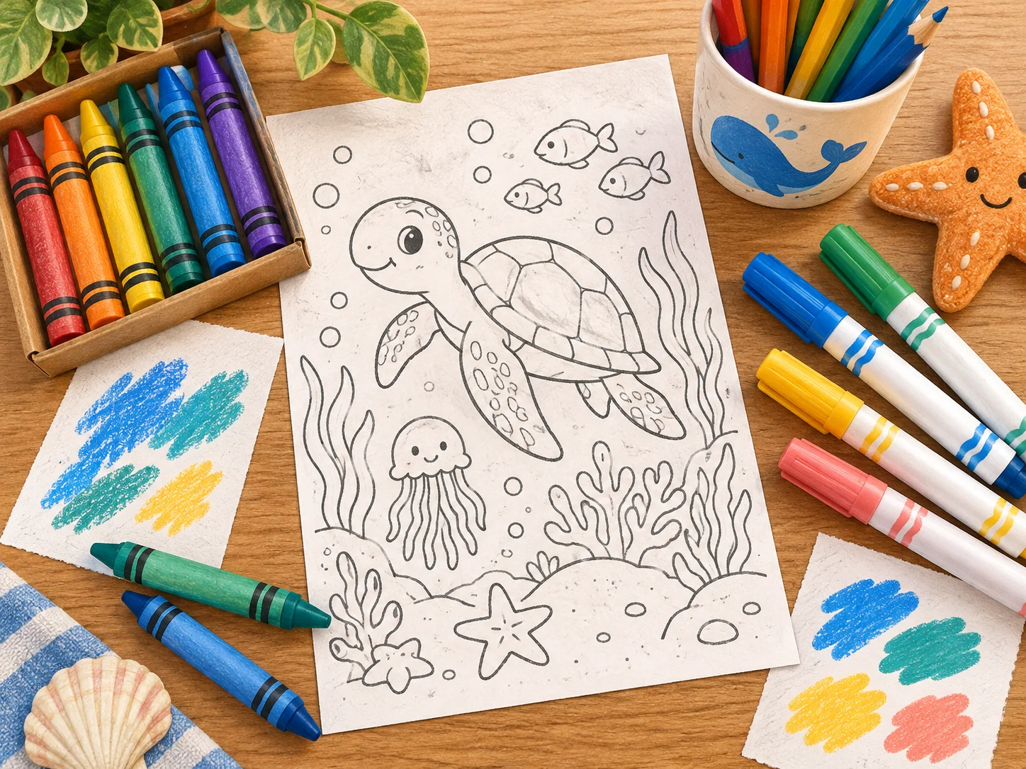 Coloring supplies and a dinosaur activity scene