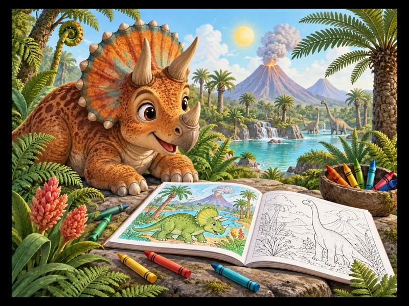 A young dinosaur among detailed prehistoric plants