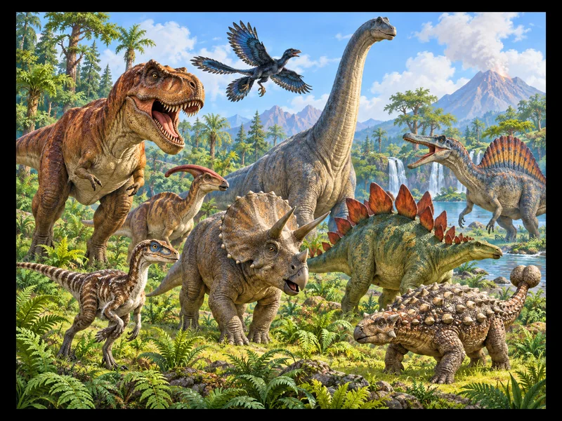 A group of dinosaurs in a colorful prehistoric habitat