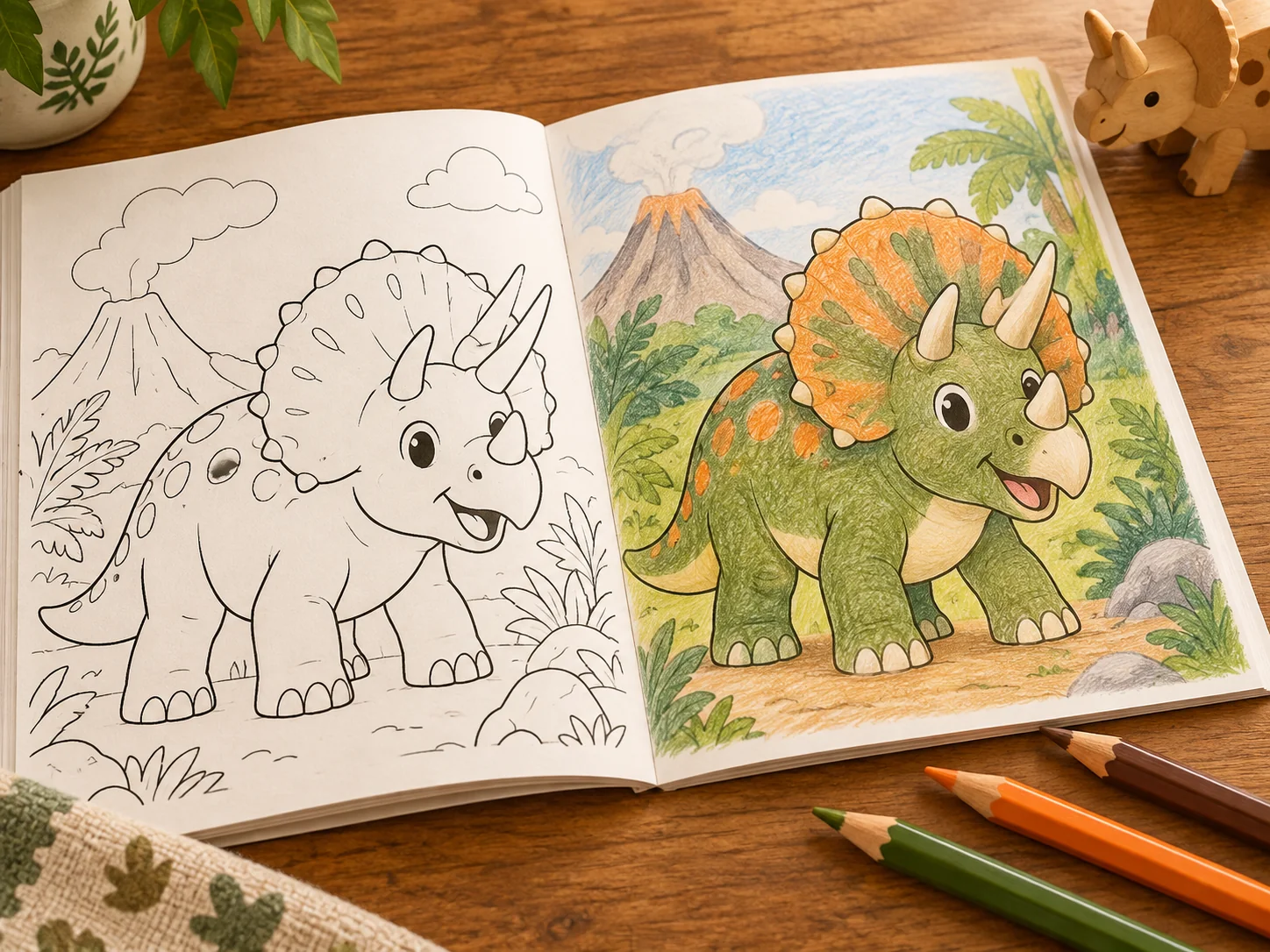 Dinosaur coloring scene with prehistoric plants