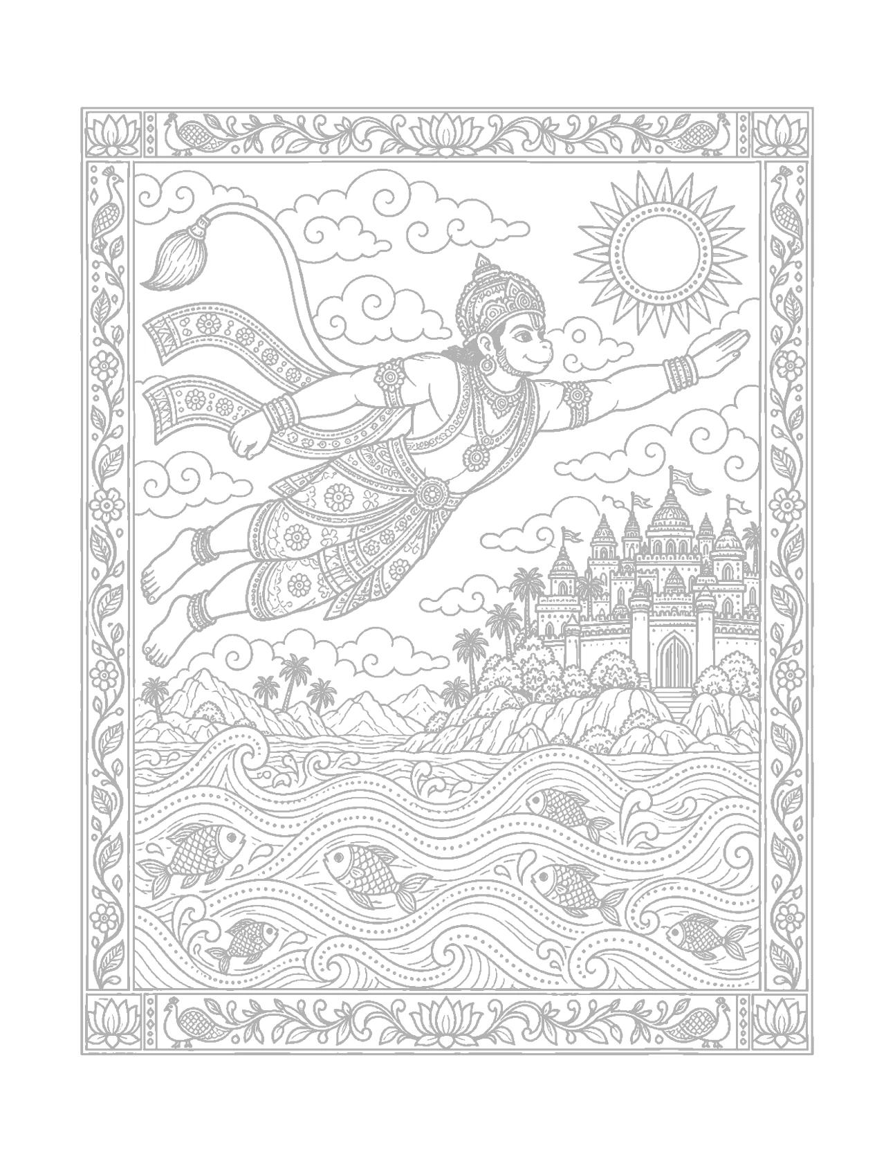 Detailed floral borders and patterned figures in Madhubani-inspired Ramayana artwork