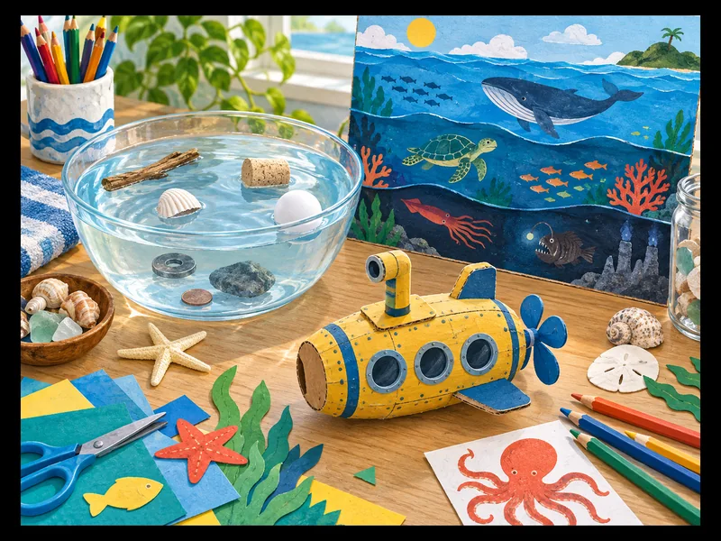 Ocean animals surrounding a bright yellow submarine