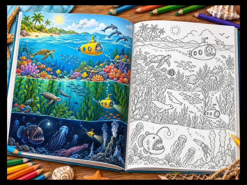 A yellow submarine exploring a colorful ocean habitat
