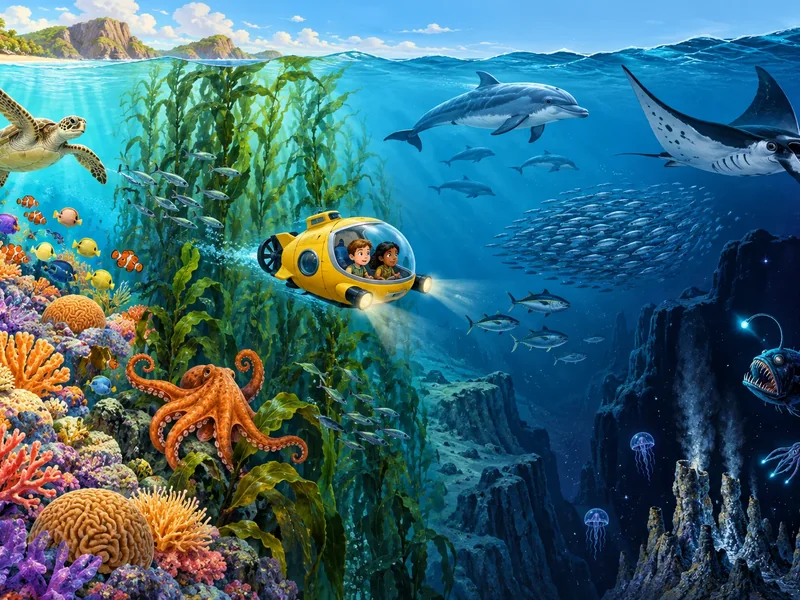 Yellow submarine traveling through a colorful ocean habitat
