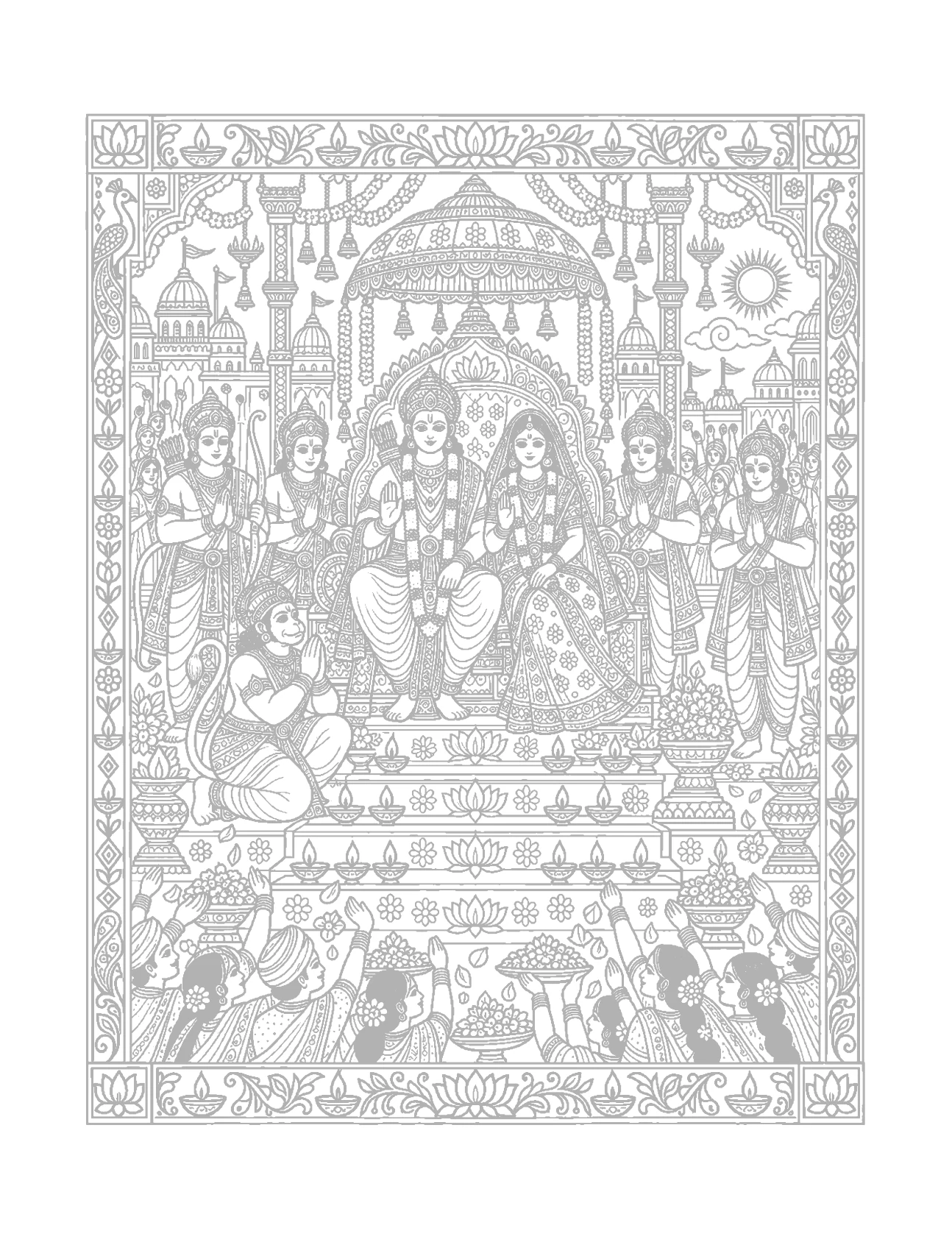 Ramayana scene in a detailed Madhubani-inspired style for adult colorists