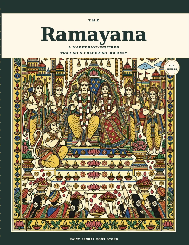 The Ramayana tracing and colouring journey for adults cover in a Madhubani-inspired style