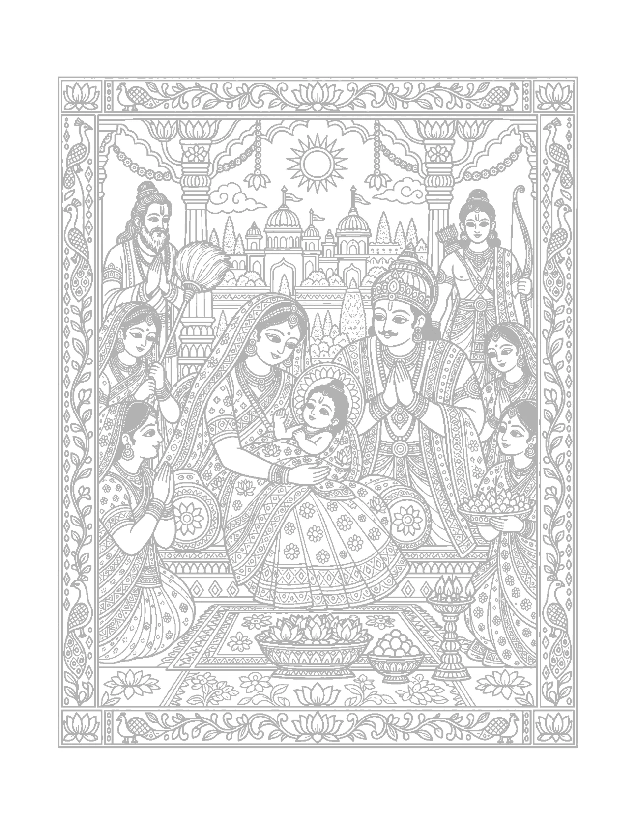 Interior coloring artwork showing the birth of the four princes in Ayodhya